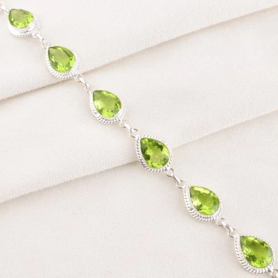 Elegant Peridot Gemstone 925 Sterling Silver Handmade Jewelry Bracelet 8" - Image 1 of 4