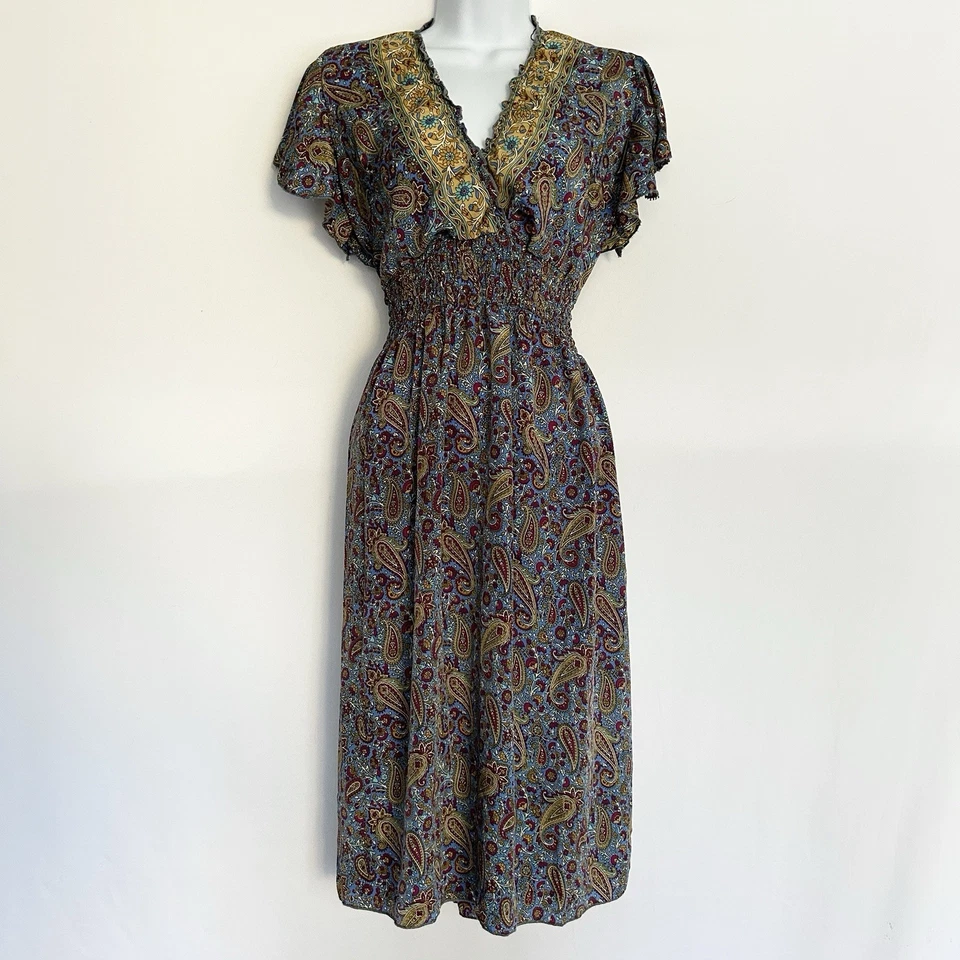 Vestido Boho Gitano Midi Mediano Seda Viscosa Pradera Campesino Calado Ligero Foto 1 de 4