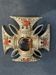 Vintage Signed Florenza Rhinestone Maltese Cross Brooch / Pendant Gold Tone. TC - Picture 1 of 6