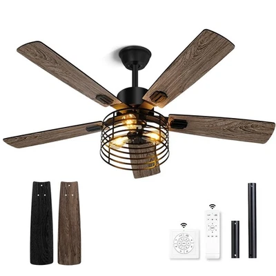 52 Inch Farmhouse Ceiling Fan with Light and RemoteBlack Industrial Caged Cei... - Image 1 of 4