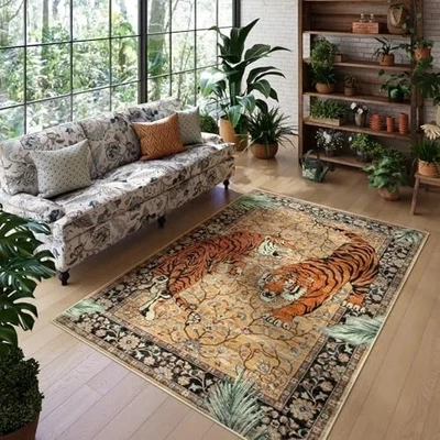  Alfombras de área Tiger 5x7, alfombras lavables boho para sala de estar, comedor suave vintage  Foto 1 de 4