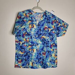 Crest Floral Abstract Colorful Blue Print  Scrub Top Size Medium