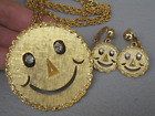1970s Gold Tone Smiley Face Rhinestone Eyes Brooch Necklace & Earring Set