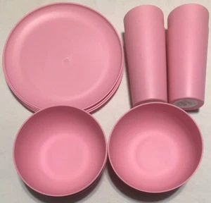 12 pcs Mainstays Plastic Dinner Plates,Cereal Bowls & Tumblers Set, pink - Picture 1 of 12