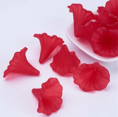 10 LARGE FROSTED LUCITE ACRYLIC LILY TRUMPET FLOWER BEADS 41mm RED LUC44 - Image 1 of 2