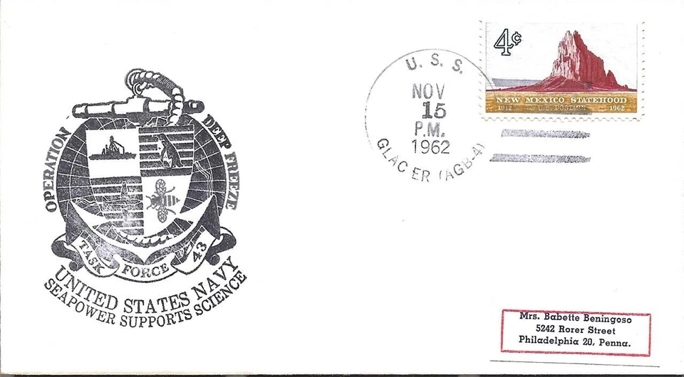 GLACIER (AGB-4) 1 Nov 1962 Locy Type 2(n+) (AGB) Op Deep Freeze TF43 Cachet - Image 1 of 1
