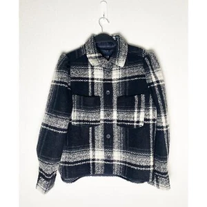 Gap Women's Puff Sleeve Cropped Wool Shirt Jacket Shacket Black Gray Plaid NWT - Picture 1 of 6