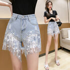 Sexy Sequined Fringed Asymmetric Jeans Light Blue Diamond-Studded Pearl Shorts