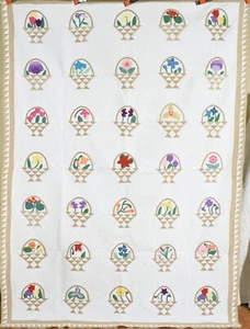 UNUSUAL, WELL QUILTED Vintage 30's Flower Basket Antique Quilt, Sawtooth Border! - Picture 1 of 12
