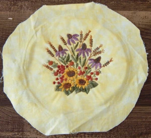 Homemade Embroidered  Pic on Fabric SUMMER BLOOMS Ready for Hoop 9" Cottagecore - Picture 1 of 3
