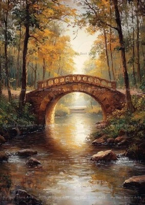 IMPRESSÃO ARTÍSTICA PONTE DE PEDRA OUTONO, Decoração de Rio Floresta, Pôster Paisagem de Outono de Árvore - Imagem 1 de 2