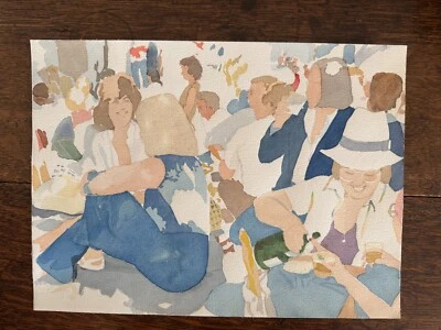 Watercolor Painting Women Drinking Wine Picnic California Artist 11 x 15 - Image 1 of 4