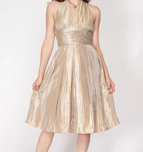 ADRIANNA PAPELL GOLD SHIMMER FIT & FLARE HALTERS STYLE DRESS SZ 8 - Picture 1 of 4