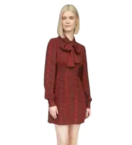 New Michael Kors Women Tie-Neck Long Sleeve Animal Print Red Black Dress Size L - Picture 1 of 15