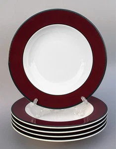 5 PAGNOSSIN Burgundy Rim Soup Bowls - Red Maroon w/ Green Trim -- MINT -- Italy - Picture 1 of 5