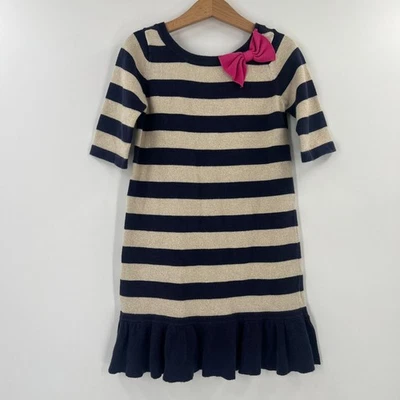 Lilly Pulitzer Adele Sweater Dress Girls M (6-7) Navy Gold Stripe Pink Bow Knit - Image 1 of 4