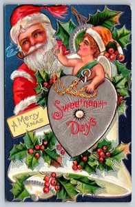 Santa Claus & Cherub With "Sweetheart Days" Heart & Holly, Merry Xmas Postcard - Picture 1 of 2