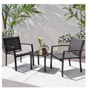 3 Pieces Rocking Chairs Set w/Tempered Glass Table Outdoor Patio Furniture,Black - Picture 1 of 5