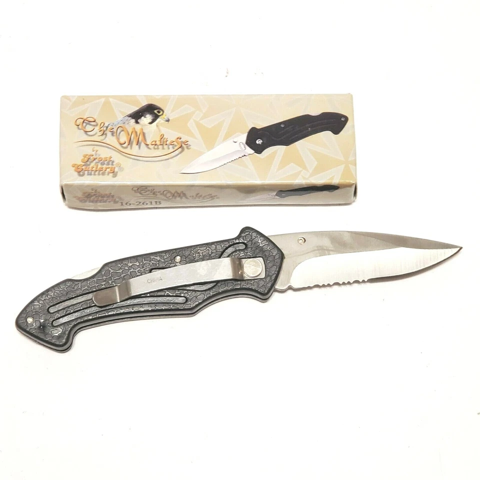 Cuchillo táctico plegable maltés 3" hoja inoxidable cubiertos escarcha 16-261B negro  Foto 1 de 3