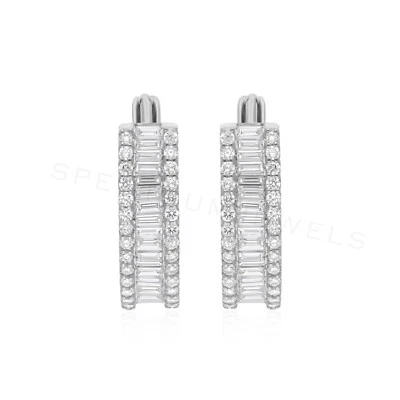 SI/H Baguette Diamond Hoop Huggie Earrings Gift 14k White Solid Gold 0.97 Ct. - Image 1 of 4