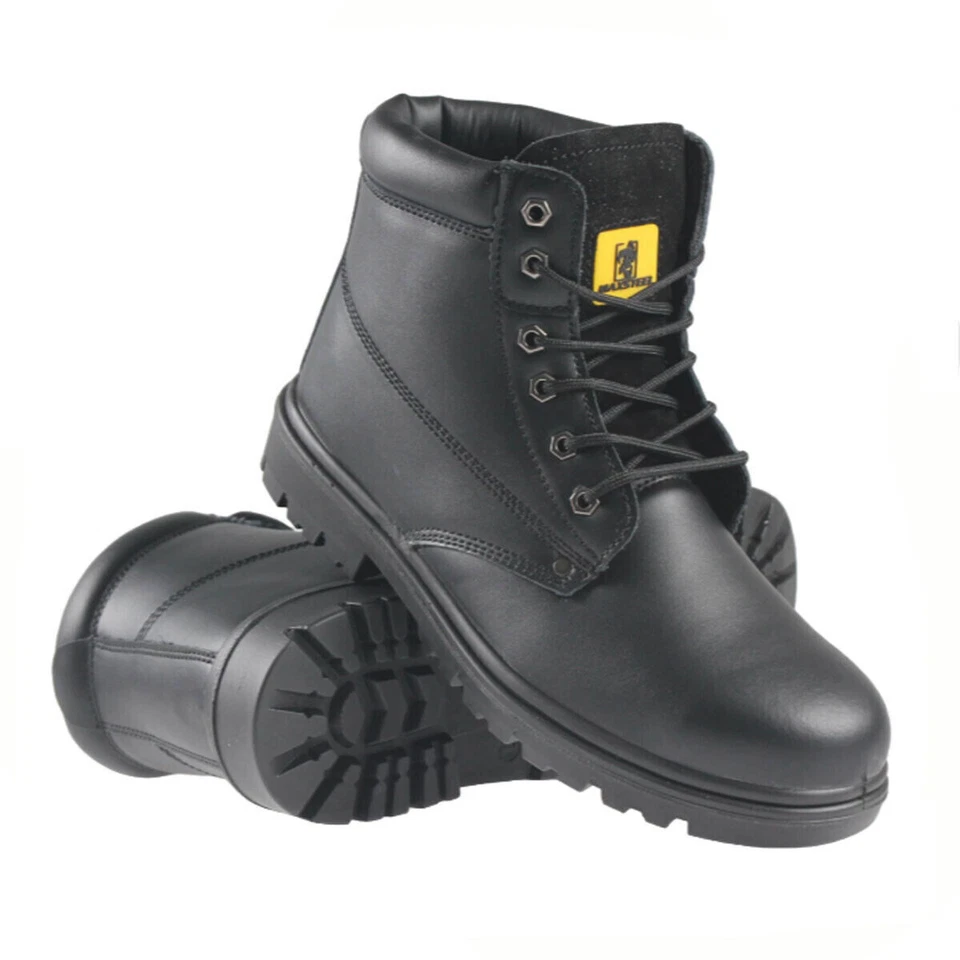 MAXSTEEL MENS BLACK LEATHER SAFETY BOOTS STEEL TOE CAP ANKLE BOOTS SHOES TRAINERS UK SIZE