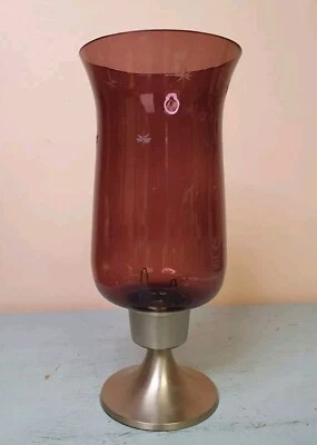 Amethyst Glass And Brushed Steel Hurricane Lamp Style Candle Holder, Used - Image 1 of 4