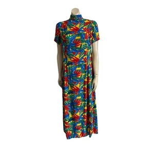 Handsewn Midi Dress Sz 8 - 10 Bold Floral Rayon Short Sleeves Back Zip High Neck - Picture 1 of 10