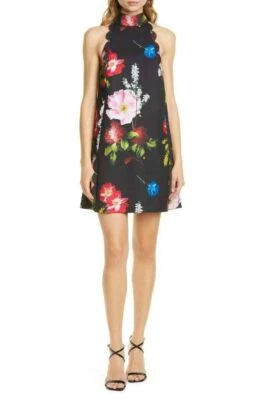 NWT TED BAKER TANII FLORAL Berry Sundae SCALLOP SHIFT BLACK Mini DRESS 1 XS - Image 1 of 4