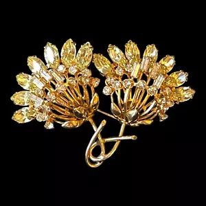 Vintage Strass Brosche Anstecknadel Zwilling Blumen goldfarben Citrin Glas - Bild 1 von 6