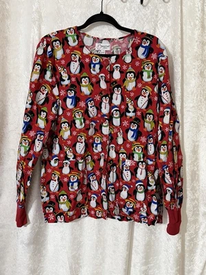 Peaches L Sparkling Christmas Penguins  Button-Up Scrub Jacket/Coat Long - Image 1 of 4