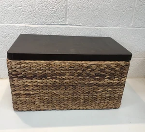 Large Wicker Basket Storage Chest Brown Leather Cover Wood Lid 25" x 15" x 12" - Picture 1 of 12