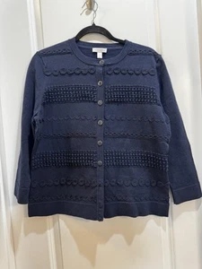 Charter Club Navy Blue Cardigan Sweater Large Long Sleeve Embroidered Crew Neck - Picture 1 of 6
