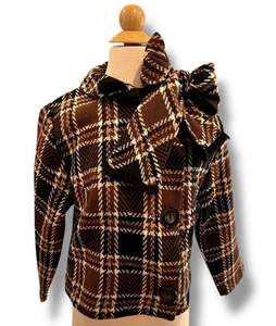 Girl Wool? Big Bow Scarf Dressy Jacket Brown Black Plaid 3-Button Short Waist - Picture 1 of 12