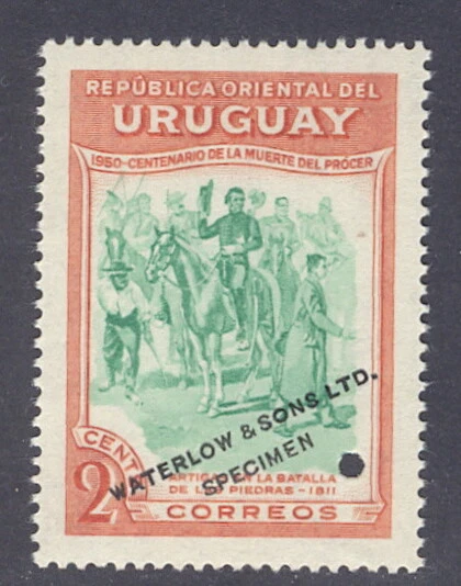 Uruguay 1952, 2c Artigas on horse, trial color, WATERLOW SPECIMEN ovpt., NH #588 - Image 1 of 1