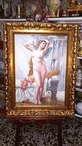 ÖLGEMÄLDE AUF LEINWAND,WERK "FRAUENAKT" HOLZRAHMEN BLATTGOLD 69x89 - Bild 1 von 3