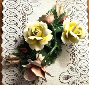 Vintage, Marked, Capodimonte, Italy, porcelain, stem w/ leaves, roses, buds, pin - Picture 1 of 14
