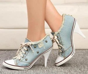 Womens Canvas Shoes Denim High Heels Rivets Shoes Pointy Toe Sneakers Pumps New - Picture 1 of 3