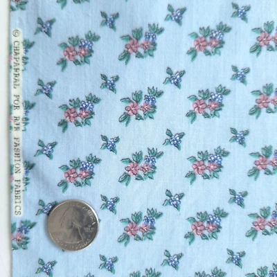 VTG Tiny Pink Purple Flowers On Blue Small Print Cotton RJR Fabrics 20"L x 44"W - Image 1 of 4