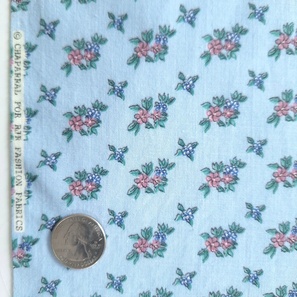 VTG Tiny Pink Purple Flowers On Blue Small Print Cotton RJR Fabrics 20"L x 44"W - Image 1 of 4