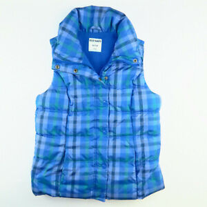 Old Navy Woman Blue Plaid Easy Puffer Vest Fleece Lined XS TP XP Quilted Pockets