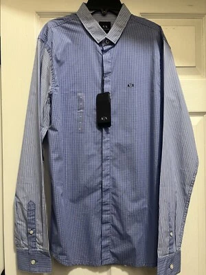 Armani Exchange AX Long Sleeve Shirt Blue Check Striped Slim Fit Stretch NWT$95 - Image 1 of 4