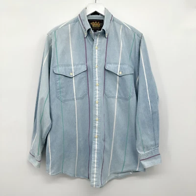 Vintage Y2K Ralph Lauren Chaps Shirt Mens Medium Denim Striped Western Country - Image 1 of 4