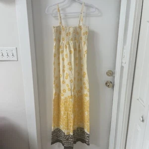 Vintage Roxy Maxi Dress Yellow White Brown Floral Smocked Cotton Sundress Size S - Picture 1 of 5