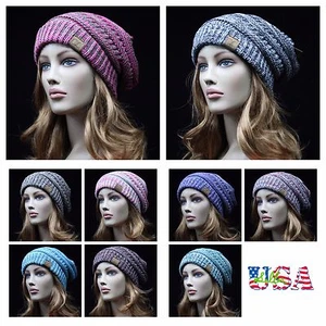 Plain Knit CC Cable Beanie Stretch Cap Ski Hat Unisex Skull Slouchy Winter Warm - Picture 1 of 11