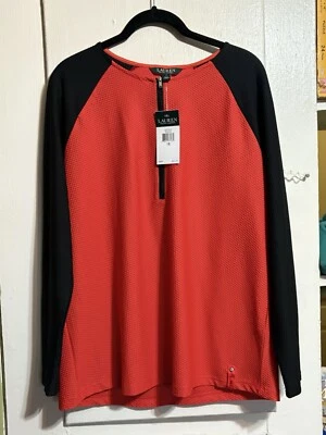 Camisa feminina Ralph Lauren Active 1/4 com zíper texturizada atlética vermelha preta 1X nova com etiquetas - Imagem 1 de 4