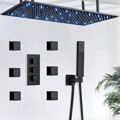 Thermostatic 32"×16'' LED Shower Faucet Set Rain Combo Head Massage System Black - Image 1 of 4