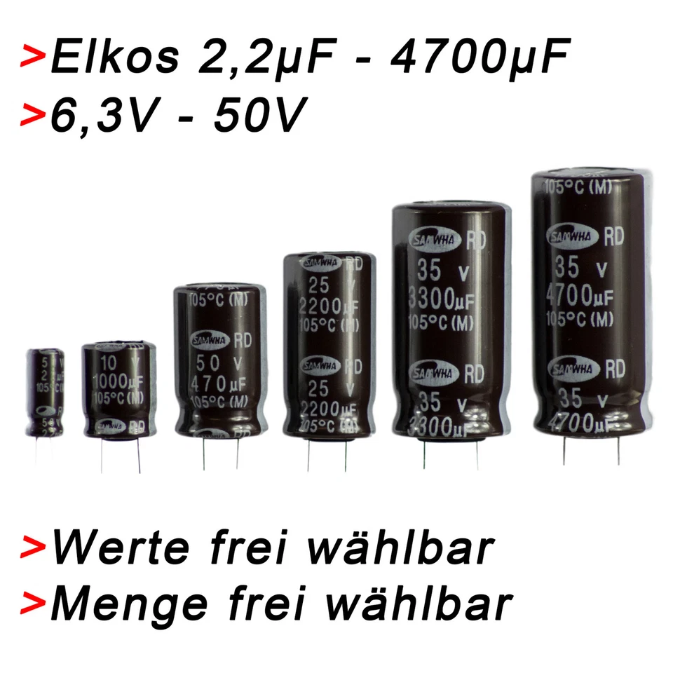 ELKO Kondensatoren 2,2µF bis 4700µF uF + 6,3V - 50V Elkos Radial Elektrolyt 105 - Bild 1 von 1