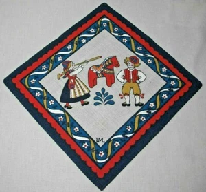 SWEDISH BOY, GIRL & DALA HORSE DESIGN 11" BY 10.75" LINEN DOILY SWEDEN - Picture 1 of 3