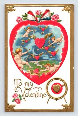 Postal San Valentín Cupido Corazones Voladores Años 1910 Sin Publicar Dividido Trasero Postal Foto 1 de 2