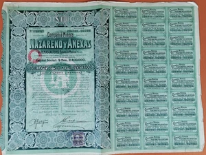 MINING MEXICO Compania Minera Nazareno y Anexas, Mex $ 100 1910 30 div coupons - Picture 1 of 1